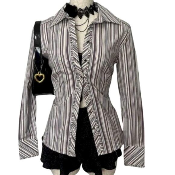 Elie Tahari Blouse Ruffled Front Cuffs S Button down Purple Multicolor Striped - Picture 1 of 12